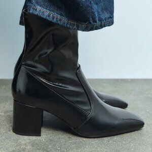 ZARA Faux Patent Leather Heeled Black Ankle Boots 38